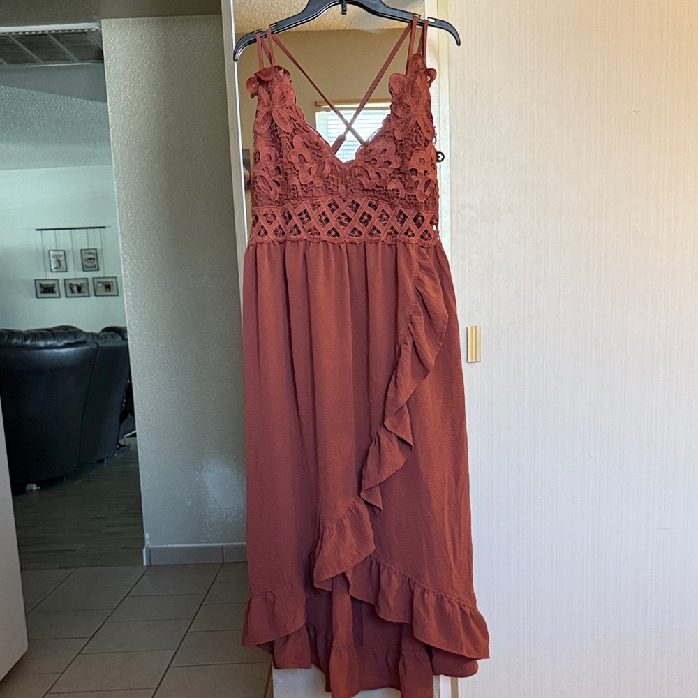 Elegant Lace Trimmed Rust Dress